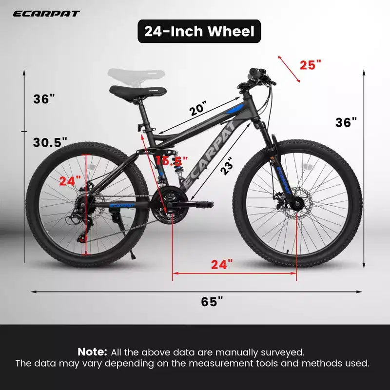 Okak Bicicletta da Montagna da 24 Pollici in Acciaio al Carbonio con Sospensione Completa, Bici da Uomo con Cambio a 21 Velocità e Freni a Disco, Bicicletta per Bambini e Adulti