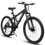 Okak Bicicletta da Montagna da 24 Pollici in Acciaio al Carbonio con Sospensione Completa, Bici da Uomo con Cambio a 21 Velocità e Freni a Disco, Bicicletta per Bambini e Adulti