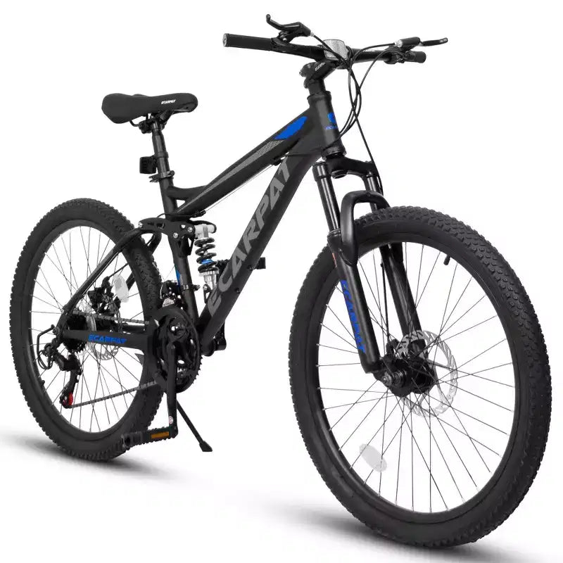 Okak Bicicletta da Montagna da 24 Pollici in Acciaio al Carbonio con Sospensione Completa, Bici da Uomo con Cambio a 21 Velocità e Freni a Disco, Bicicletta per Bambini e Adulti