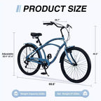 Okak 26IN Beach Cruiser Bike with 7 Speed System, Mens Bike with Front and Rear V brakes, Metal Frame Bicycle for Teens and Adults