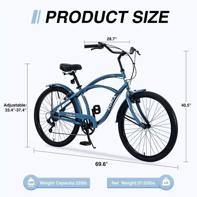 Okak 26IN Beach Cruiser Bike with 7 Speed System, Mens Bike with Front and Rear V brakes, Metal Frame Bicycle for Teens and Adults