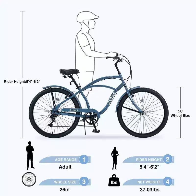 Okak 26IN Beach Cruiser Bike with 7 Speed System, Mens Bike with Front and Rear V brakes, Metal Frame Bicycle for Teens and Adults