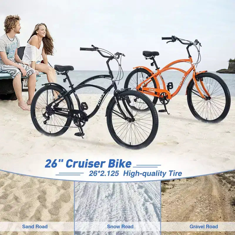 Okak 26IN Beach Cruiser Bike with 7 Speed System, Mens Bike with Front and Rear V brakes, Metal Frame Bicycle for Teens and Adults