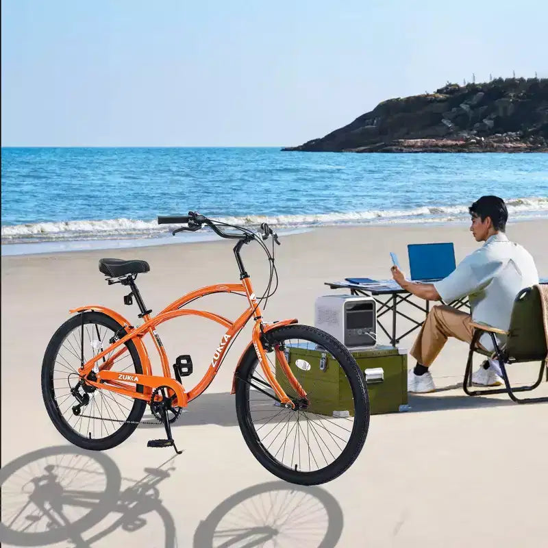 Okak 26IN Beach Cruiser Bike with 7 Speed System, Mens Bike with Front and Rear V brakes, Metal Frame Bicycle for Teens and Adults