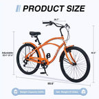 Okak 26IN Beach Cruiser Bike with 7 Speed System, Mens Bike with Front and Rear V brakes, Metal Frame Bicycle for Teens and Adults