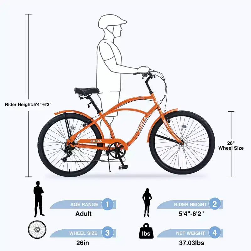 Okak 26IN Beach Cruiser Bike with 7 Speed System, Mens Bike with Front and Rear V brakes, Metal Frame Bicycle for Teens and Adults