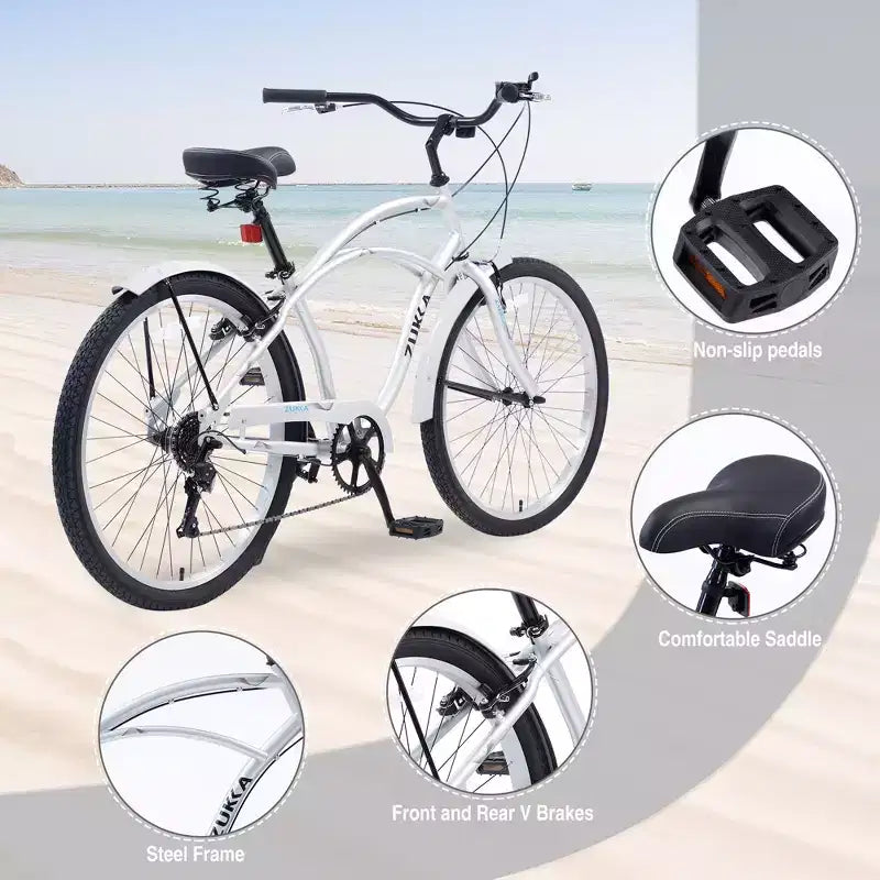 Okak 26IN Beach Cruiser Bike with 7 Speed System, Mens Bike with Front and Rear V brakes, Metal Frame Bicycle for Teens and Adults