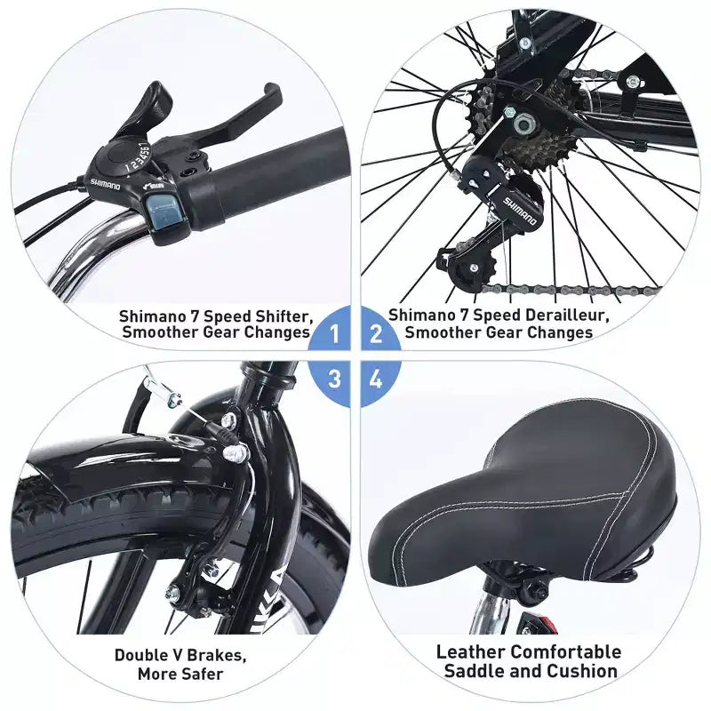 Okak 26IN Beach Cruiser Bike with 7 Speed System, Mens Bike with Front and Rear V brakes, Metal Frame Bicycle for Teens and Adults