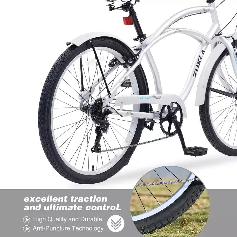 Okak 26IN Beach Cruiser Bike with 7 Speed System, Mens Bike with Front and Rear V brakes, Metal Frame Bicycle for Teens and Adults
