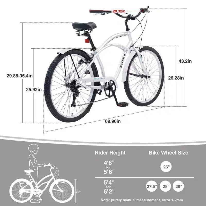 Okak 26IN Beach Cruiser Bike with 7 Speed System, Mens Bike with Front and Rear V brakes, Metal Frame Bicycle for Teens and Adults