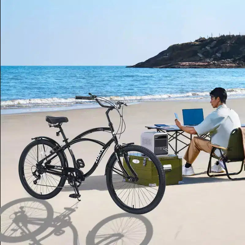 Okak 26IN Beach Cruiser Bike with 7 Speed System, Mens Bike with Front and Rear V brakes, Metal Frame Bicycle for Teens and Adults