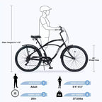 Okak 26IN Beach Cruiser Bike with 7 Speed System, Mens Bike with Front and Rear V brakes, Metal Frame Bicycle for Teens and Adults