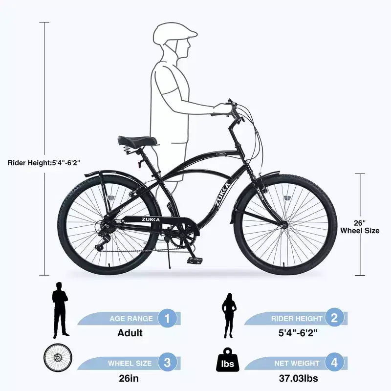 Okak 26IN Beach Cruiser Bike with 7 Speed System, Mens Bike with Front and Rear V brakes, Metal Frame Bicycle for Teens and Adults