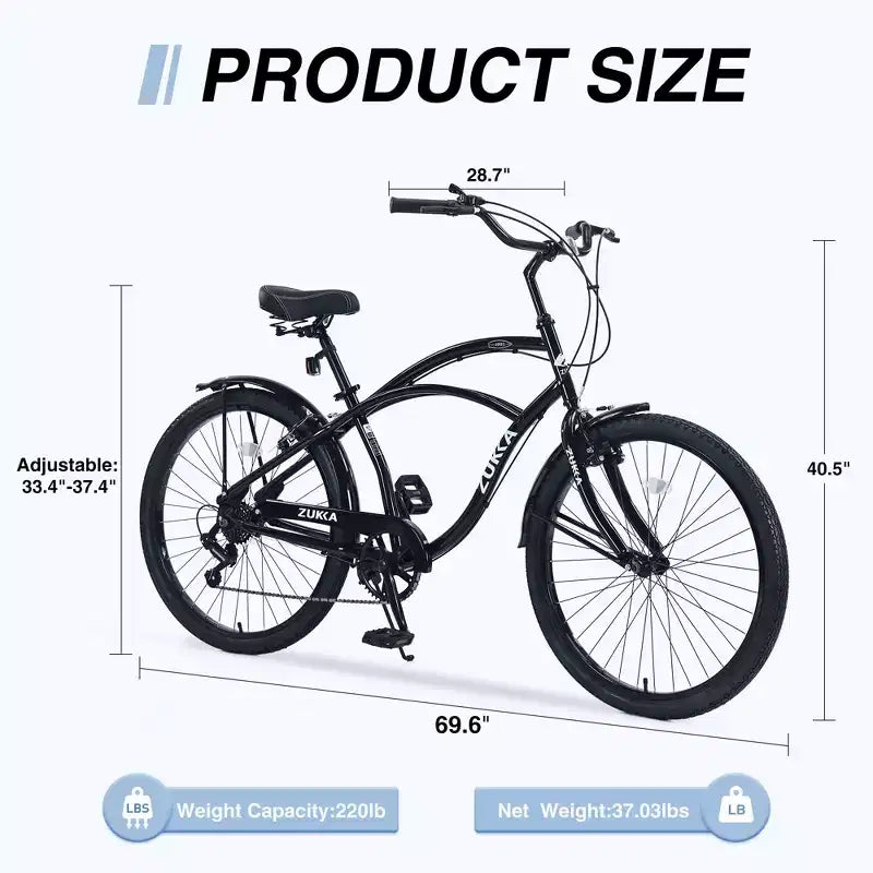Okak 26IN Beach Cruiser Bike with 7 Speed System, Mens Bike with Front and Rear V brakes, Metal Frame Bicycle for Teens and Adults