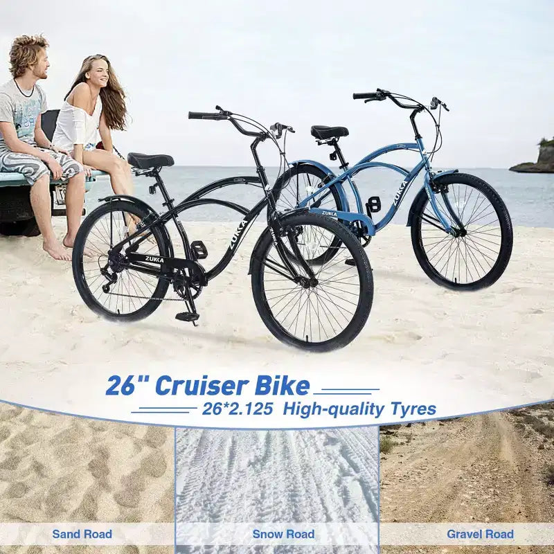 Okak 26IN Beach Cruiser Bike with 7 Speed System, Mens Bike with Front and Rear V brakes, Metal Frame Bicycle for Teens and Adults