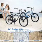 Okak 26IN Beach Cruiser Bike with 7 Speed System, Mens Bike with Front and Rear V brakes, Metal Frame Bicycle for Teens and Adults