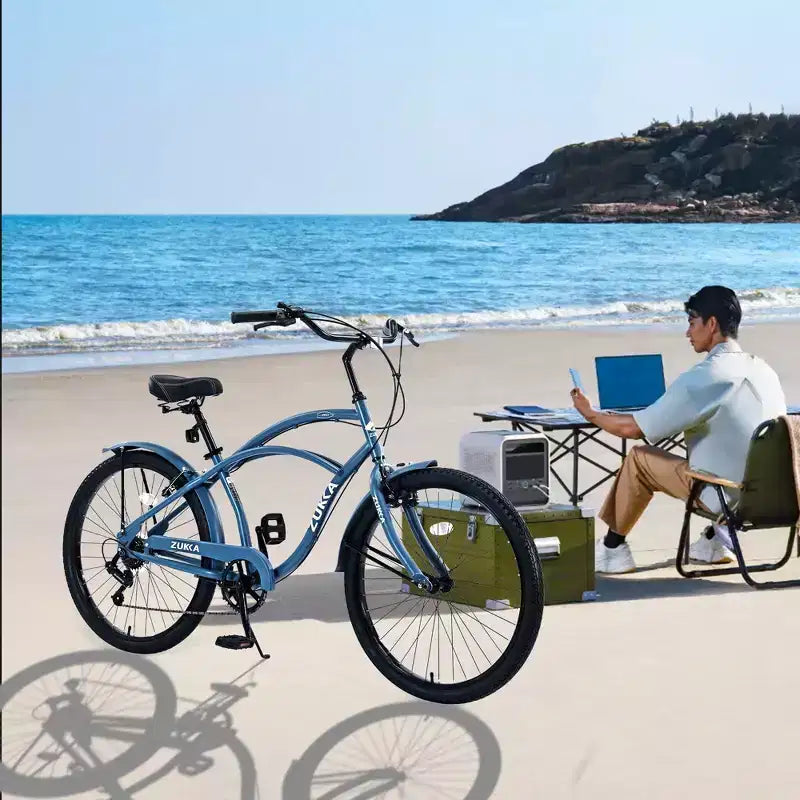 Okak 26IN Beach Cruiser Bike with 7 Speed System, Mens Bike with Front and Rear V brakes, Metal Frame Bicycle for Teens and Adults