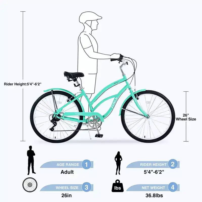 Bicicletta da donna Okak 26 pollici con 7 velocità, bici da spiaggia con freno a V doppio e sella ammortizzata, bici da adulto per pendolarismo, viaggio, montagna