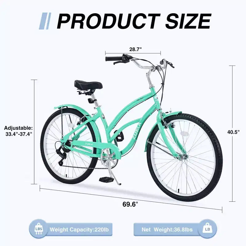 Bicicletta da donna Okak 26 pollici con 7 velocità, bici da spiaggia con freno a V doppio e sella ammortizzata, bici da adulto per pendolarismo, viaggio, montagna