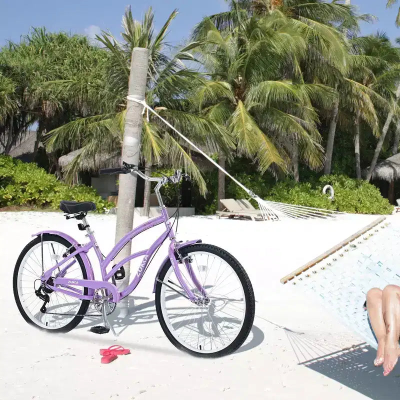 Bicicletta da donna Okak 26 pollici con 7 velocità, bici da spiaggia con freno a V doppio e sella ammortizzata, bici da adulto per pendolarismo, viaggio, montagna