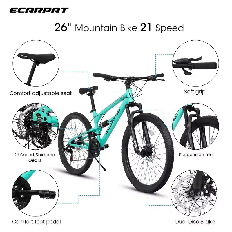 Okak Mountain bike da 26 pollici con ammortizzatore anteriore e posteriore, bici da adulto a 21 velocità con telaio in acciaio, bici da uomo per ragazzi e adulti, blu