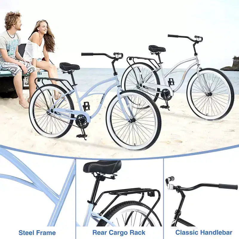 Okak 26IN Biciclette Cruiser a velocità singola con telaio in acciaio, bicicletta per adulti con ruote larghe e freno a contropedale posteriore, bicicletta per uomini e donne