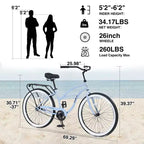 Okak 26IN Biciclette Cruiser a velocità singola con telaio in acciaio, bicicletta per adulti con ruote larghe e freno a contropedale posteriore, bicicletta per uomini e donne