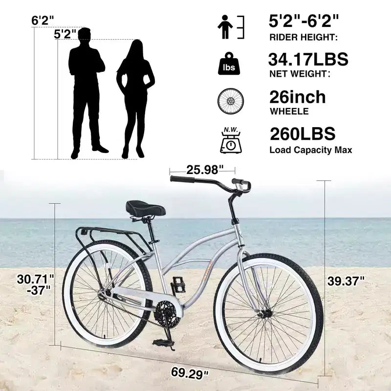 Okak 26IN Biciclette Cruiser a velocità singola con telaio in acciaio, bicicletta per adulti con ruote larghe e freno a contropedale posteriore, bicicletta per uomini e donne
