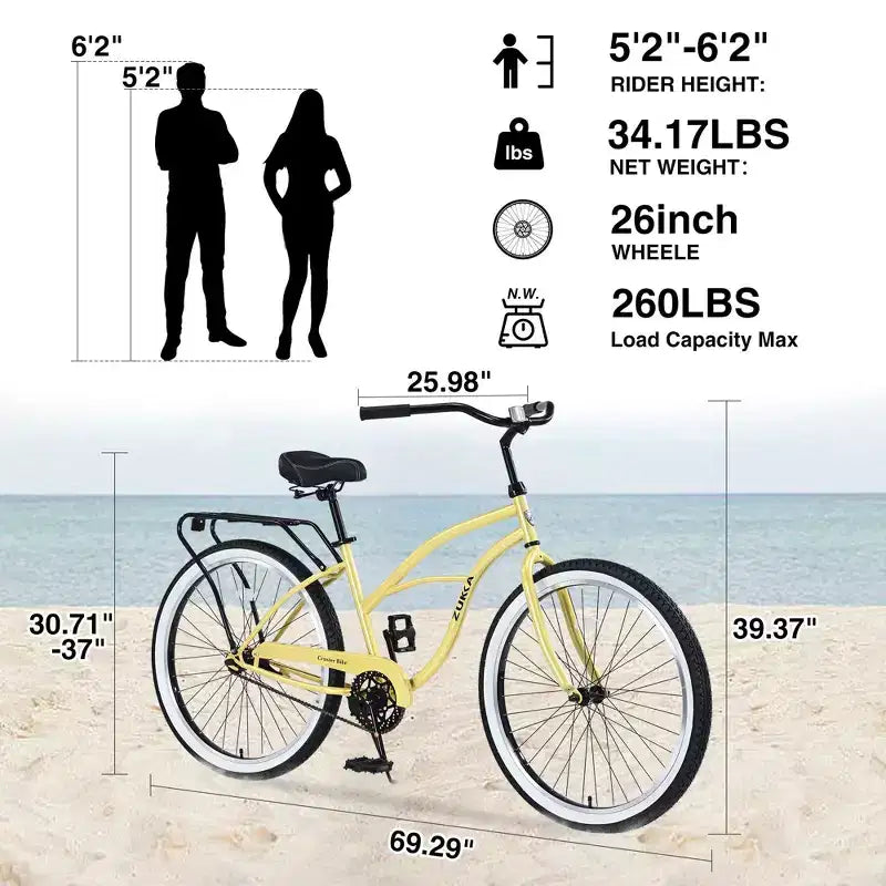 Okak 26IN Biciclette Cruiser a velocità singola con telaio in acciaio, bicicletta per adulti con ruote larghe e freno a contropedale posteriore, bicicletta per uomini e donne
