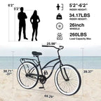 Okak 26IN Biciclette Cruiser a velocità singola con telaio in acciaio, bicicletta per adulti con ruote larghe e freno a contropedale posteriore, bicicletta per uomini e donne