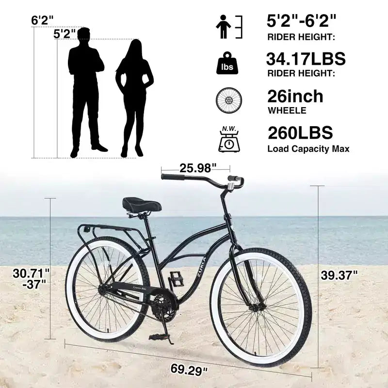 Okak 26IN Biciclette Cruiser a velocità singola con telaio in acciaio, bicicletta per adulti con ruote larghe e freno a contropedale posteriore, bicicletta per uomini e donne