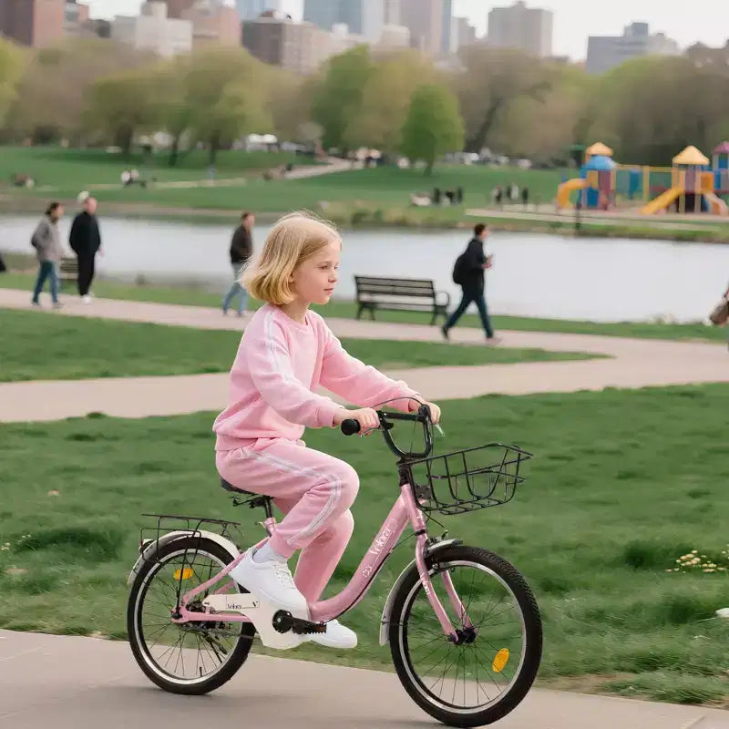 Bicicletta per bambini Okak 20IN con telaio leggero in acciaio, bici da crociera per bambini con freno a contropedale e freno a V, mini bici con paracatena e portapacchi posteriore