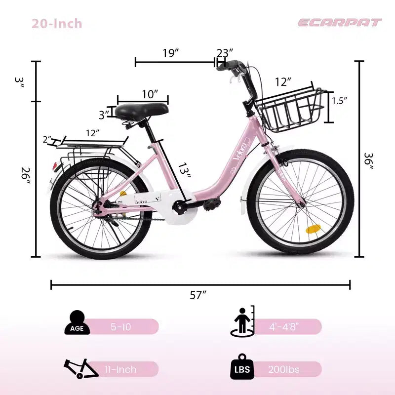 Bicicletta per bambini Okak 20IN con telaio leggero in acciaio, bici da crociera per bambini con freno a contropedale e freno a V, mini bici con paracatena e portapacchi posteriore
