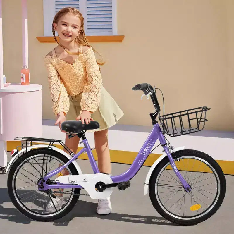 Bicicletta per bambini Okak 20IN con telaio leggero in acciaio, bici da crociera per bambini con freno a contropedale e freno a V, mini bici con paracatena e portapacchi posteriore