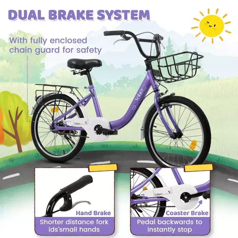 Bicicletta per bambini Okak 20IN con telaio leggero in acciaio, bici da crociera per bambini con freno a contropedale e freno a V, mini bici con paracatena e portapacchi posteriore