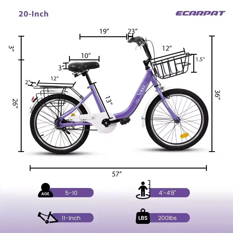 Bicicletta per bambini Okak 20IN con telaio leggero in acciaio, bici da crociera per bambini con freno a contropedale e freno a V, mini bici con paracatena e portapacchi posteriore
