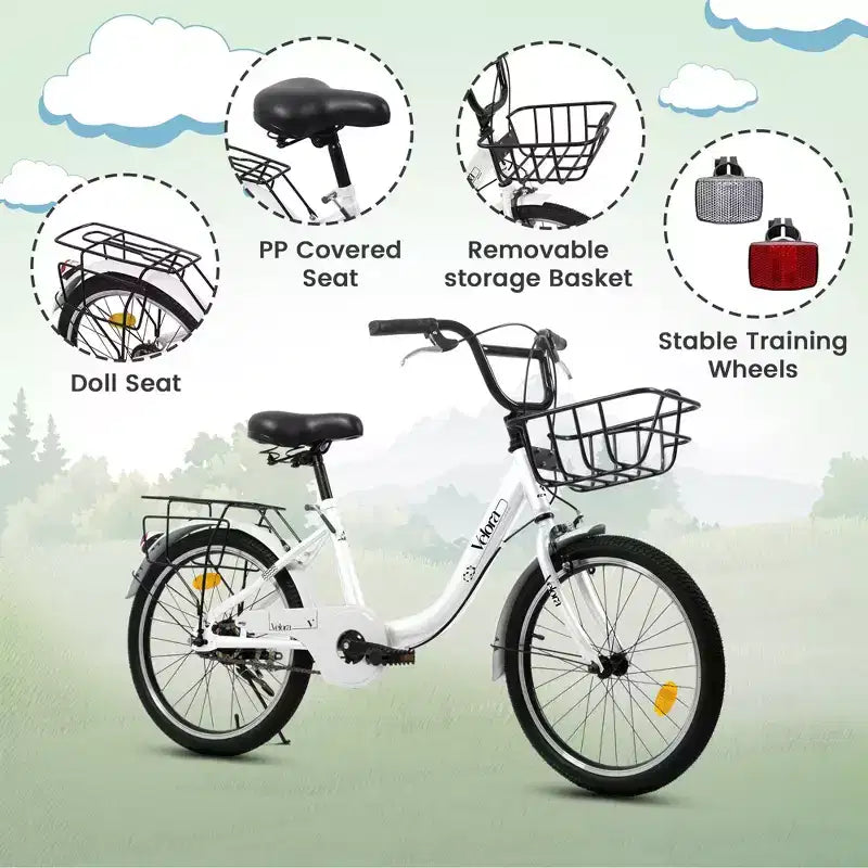 Bicicletta per bambini Okak 20IN con telaio leggero in acciaio, bici da crociera per bambini con freno a contropedale e freno a V, mini bici con paracatena e portapacchi posteriore