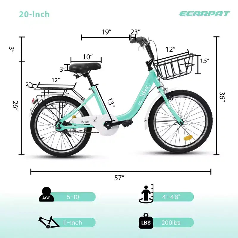 Bicicletta per bambini Okak 20IN con telaio leggero in acciaio, bici da crociera per bambini con freno a contropedale e freno a V, mini bici con paracatena e portapacchi posteriore