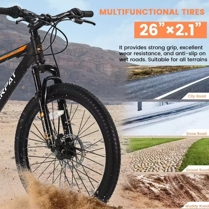 Okak Mountain Bike 26 pollici con 21 velocità e freni a disco meccanici, bici da adulto con telaio in acciaio ad alto tenore di carbonio, bici da cross per bambini e adulti