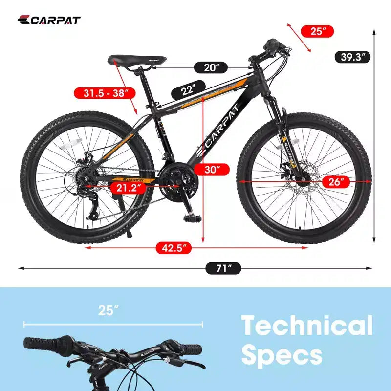 Okak Mountain Bike 26 pollici con 21 velocità e freni a disco meccanici, bici da adulto con telaio in acciaio ad alto tenore di carbonio, bici da cross per bambini e adulti
