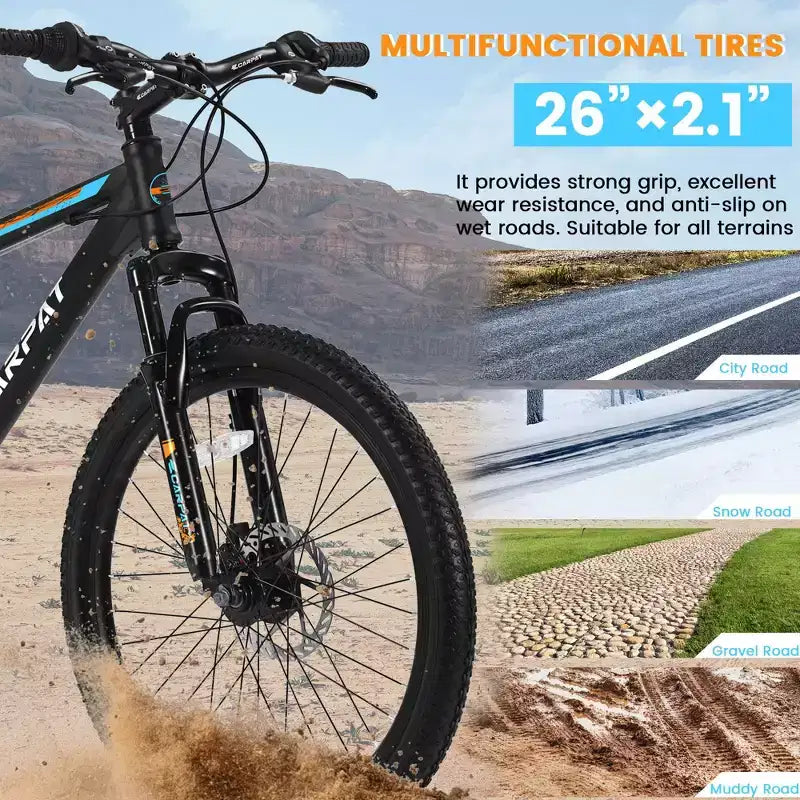Okak Mountain Bike 26 pollici con 21 velocità e freni a disco meccanici, bici da adulto con telaio in acciaio ad alto tenore di carbonio, bici da cross per bambini e adulti
