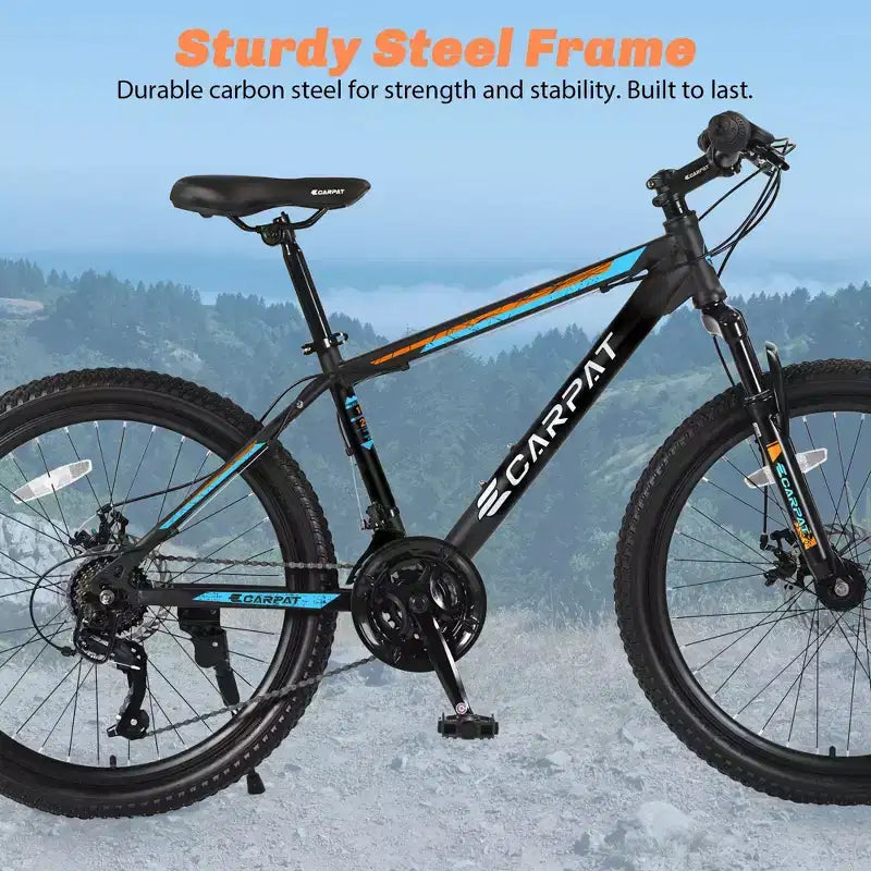 Okak Mountain Bike 26 pollici con 21 velocità e freni a disco meccanici, bici da adulto con telaio in acciaio ad alto tenore di carbonio, bici da cross per bambini e adulti