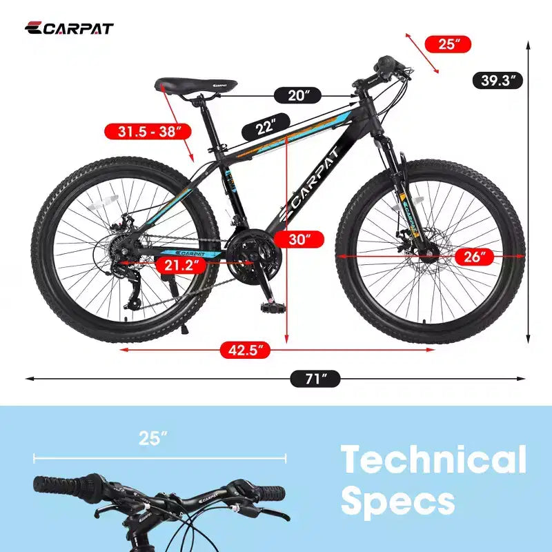 Okak Mountain Bike 26 pollici con 21 velocità e freni a disco meccanici, bici da adulto con telaio in acciaio ad alto tenore di carbonio, bici da cross per bambini e adulti