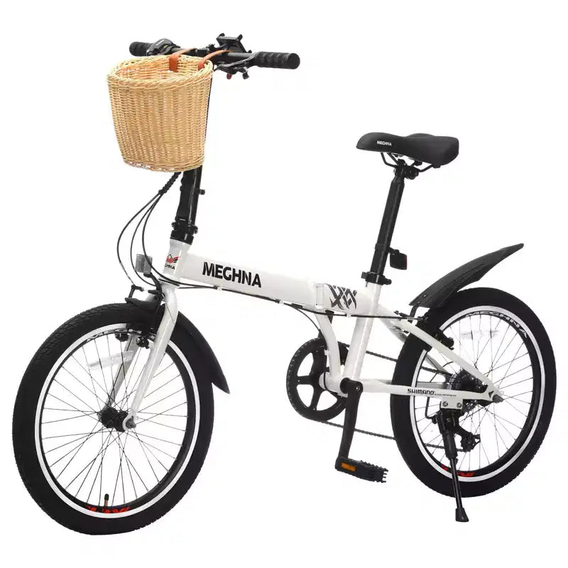 Okak 20IN Folding Bike with Front Basket, Phone Holder & Fenders, 6-Speed Adult Bike with Steel Frame and Dual V-Brake, Bicycle for Men & Women
