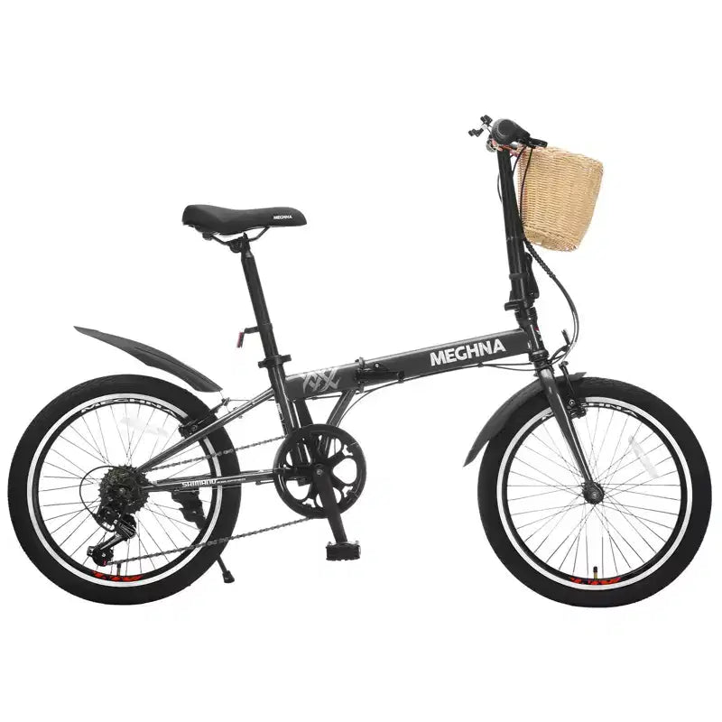 Okak 20IN Folding Bike with Front Basket, Phone Holder & Fenders, 6-Speed Adult Bike with Steel Frame and Dual V-Brake, Bicycle for Men & Women