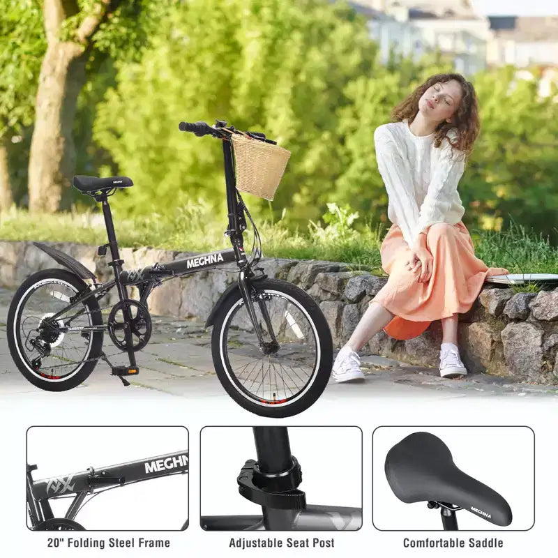Okak 20IN Folding Bike with Front Basket, Phone Holder & Fenders, 6-Speed Adult Bike with Steel Frame and Dual V-Brake, Bicycle for Men & Women
