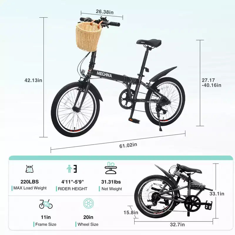 Okak 20IN Folding Bike with Front Basket, Phone Holder & Fenders, 6-Speed Adult Bike with Steel Frame and Dual V-Brake, Bicycle for Men & Women