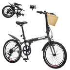 Okak 20IN Folding Bike with Front Basket, Phone Holder & Fenders, 6-Speed Adult Bike with Steel Frame and Dual V-Brake, Bicycle for Men & Women