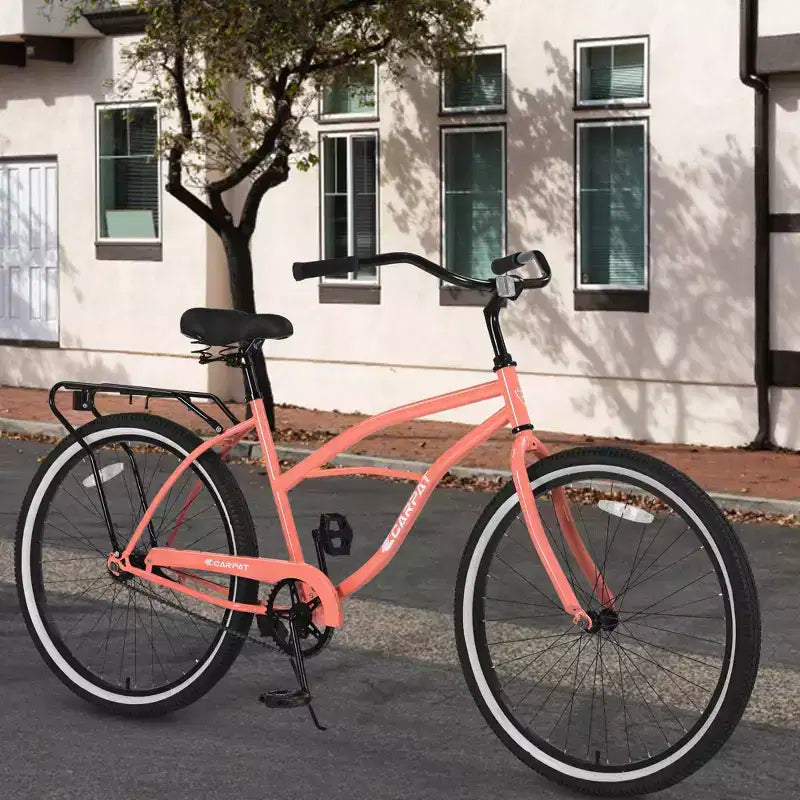 Okak 26IN Beach Cruiser Bikes with Steel Frame, Single Speed Drivetrain Adult Bike with Comfortable Rides, Bicycle for Men & Women, Pink
