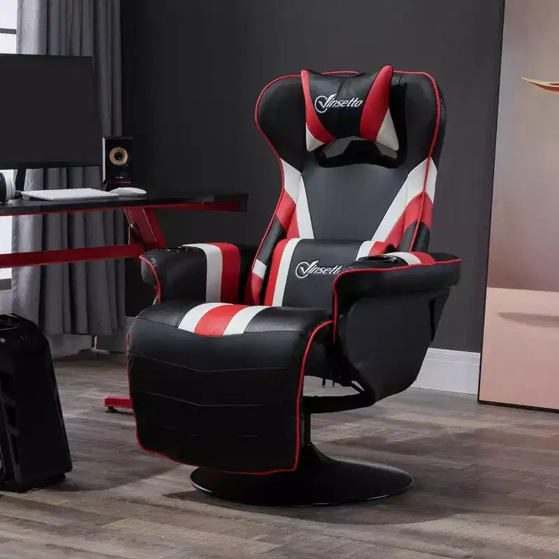 Sedia Gaming, Reclinabile da Ufficio Stile Corsa con Supporto Lombare, Poggiapiedi e Portabicchieri/Bianca/Rossa